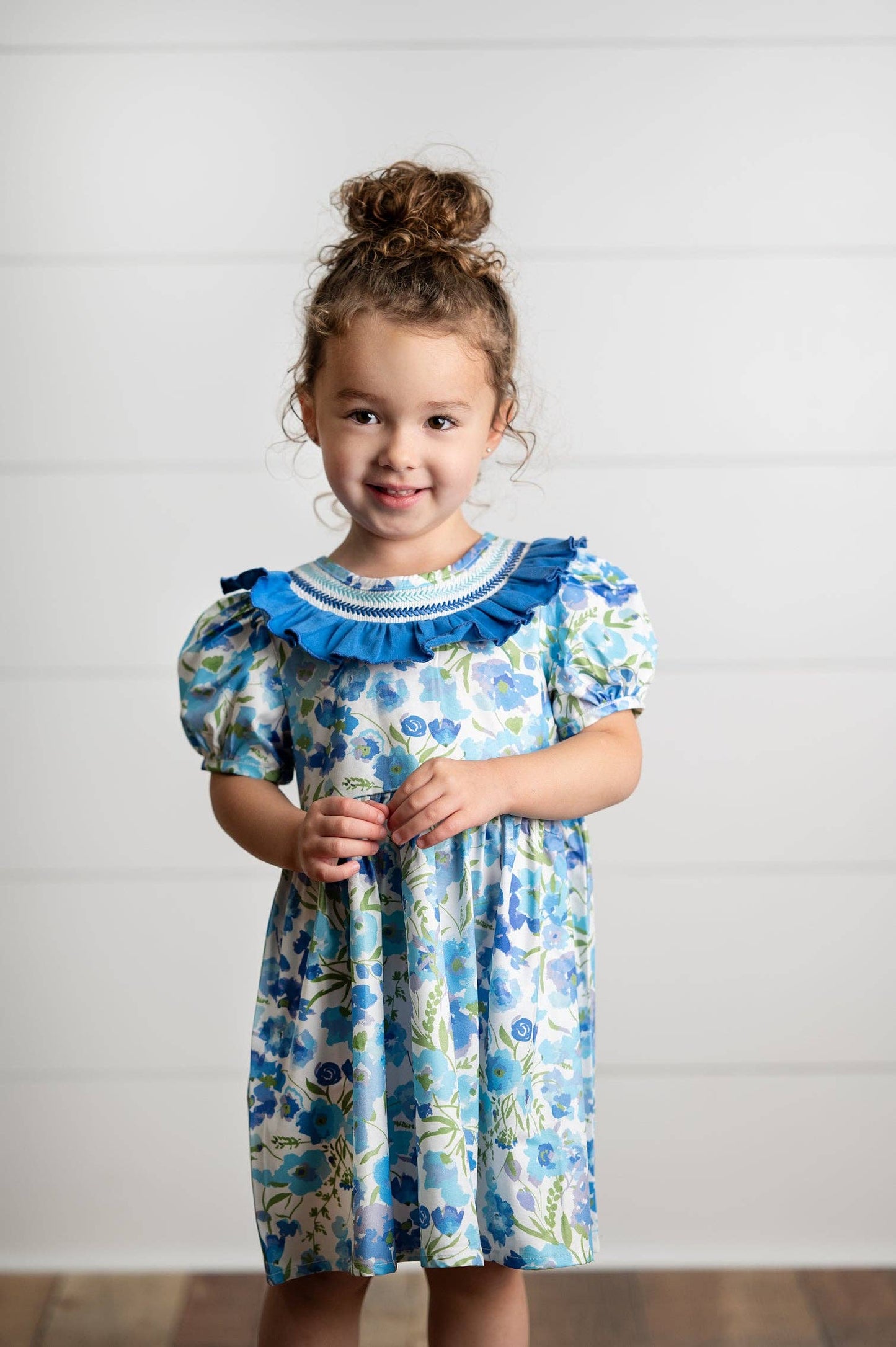 Wren & James - Girls Blue Vintage Floral Embroidered Ruffle Dress