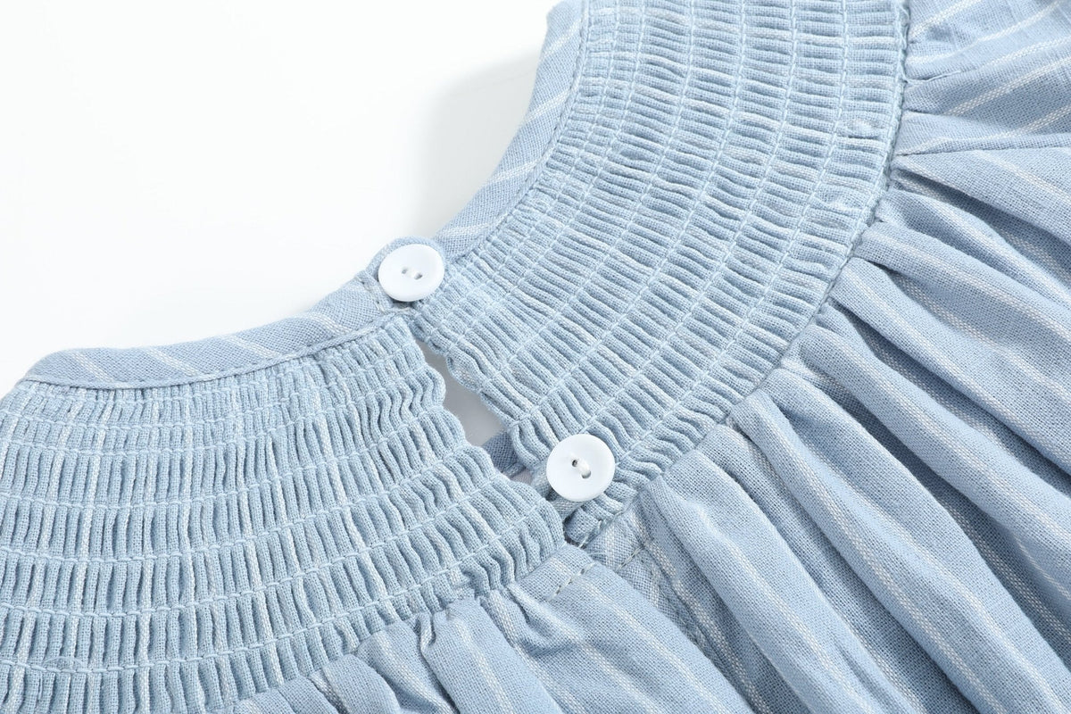 Blue Pinstripe Mallard Duck Smocked Bishop Dress