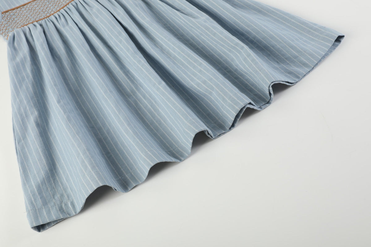 Blue Pinstripe Brown Smocked Ruffle Collar Dress