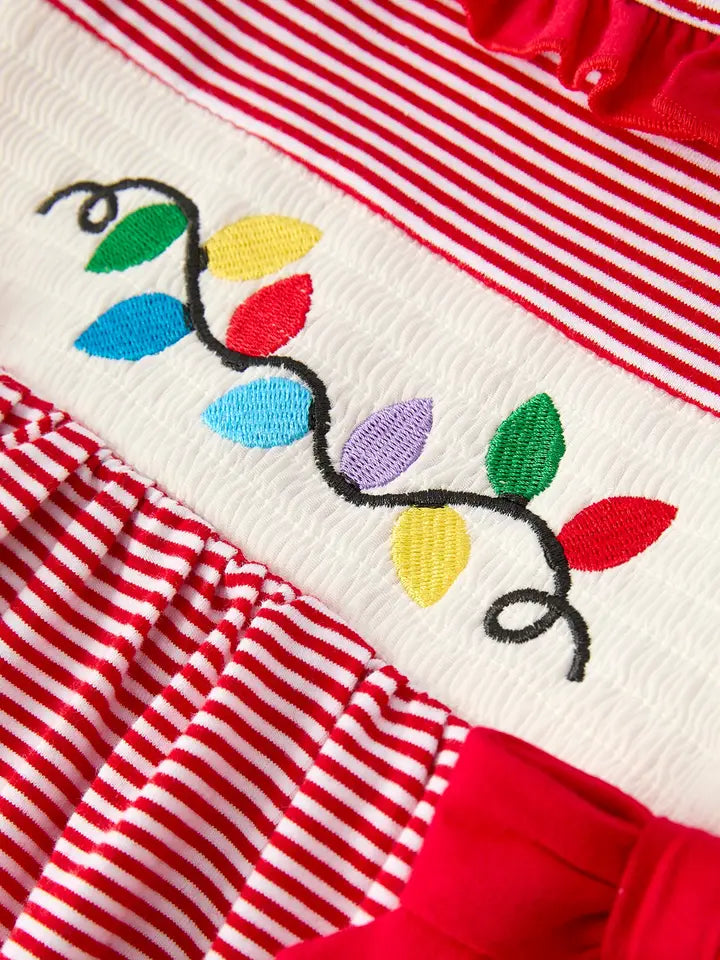 Christmas Girls Embroidery Dress Holiday Lights Matching