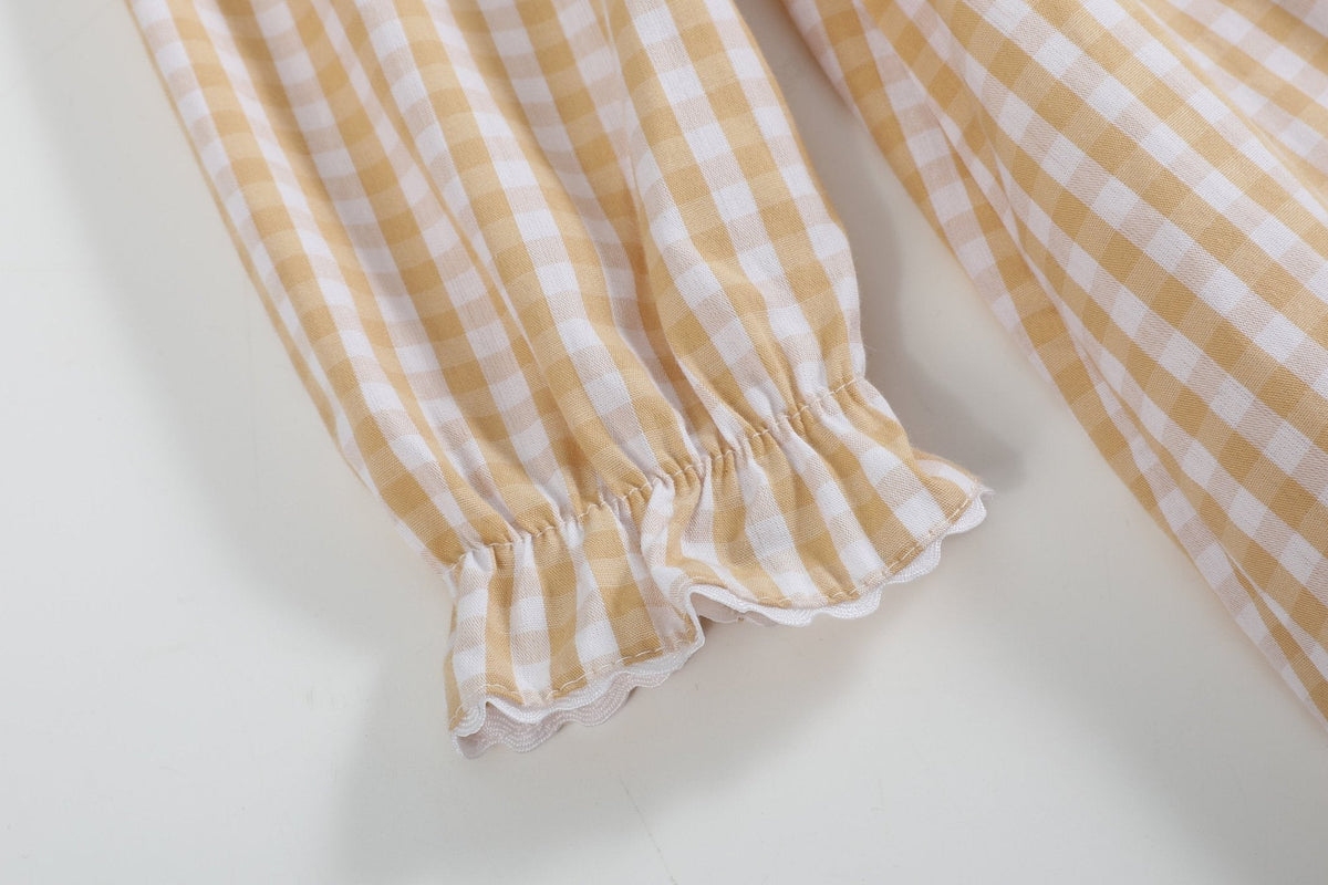Light Brown Gingham Pumpkin Vine Ruffle Dress