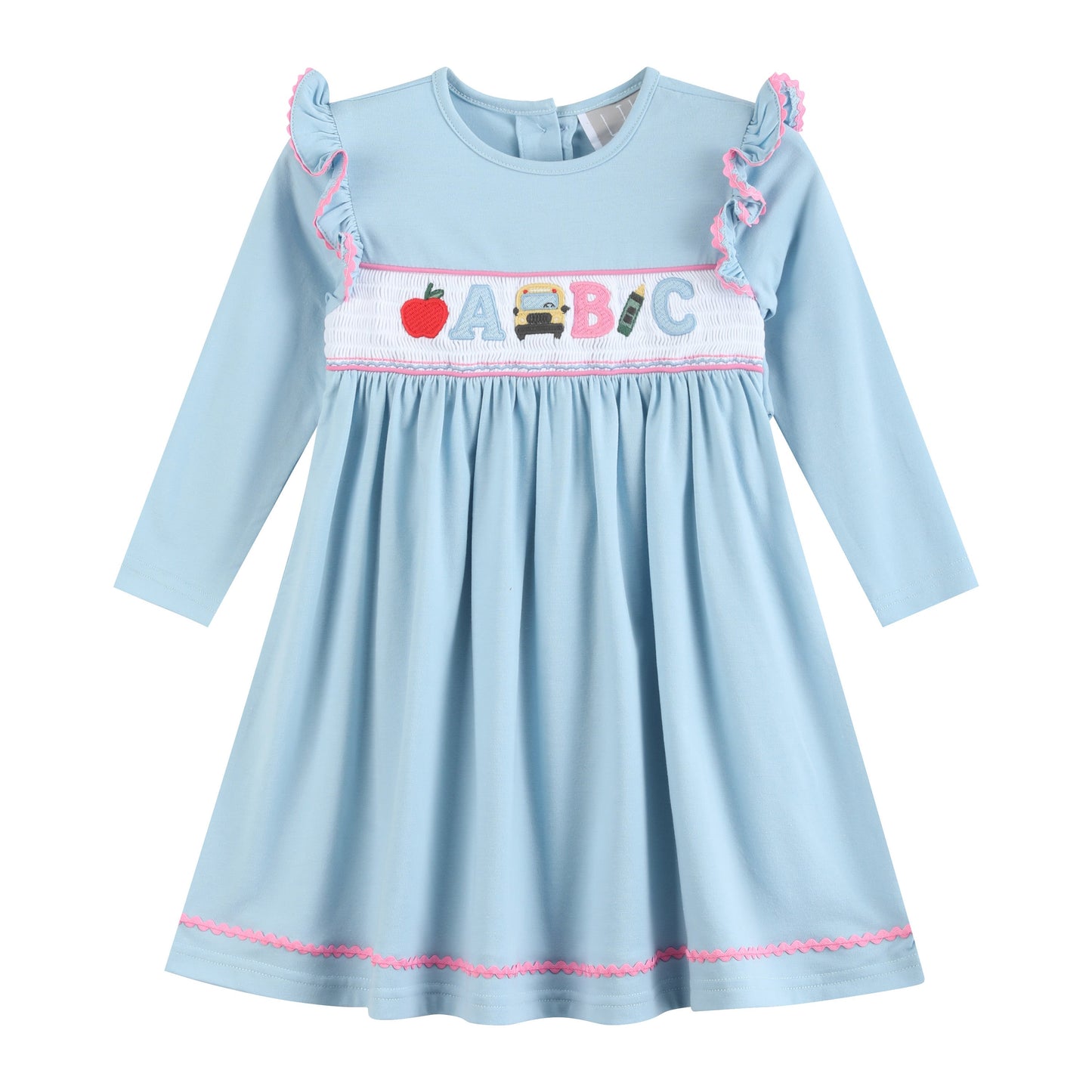 Blue Smocked Knit ABC School Dress