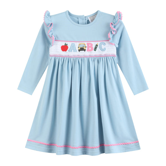 Blue Smocked Knit ABC School Dress