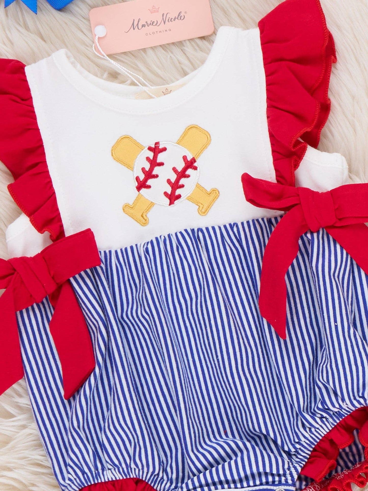 Marie Nicole Clothing - Dugout Cutie Baseball Embroidered Cotton Bubble Romper