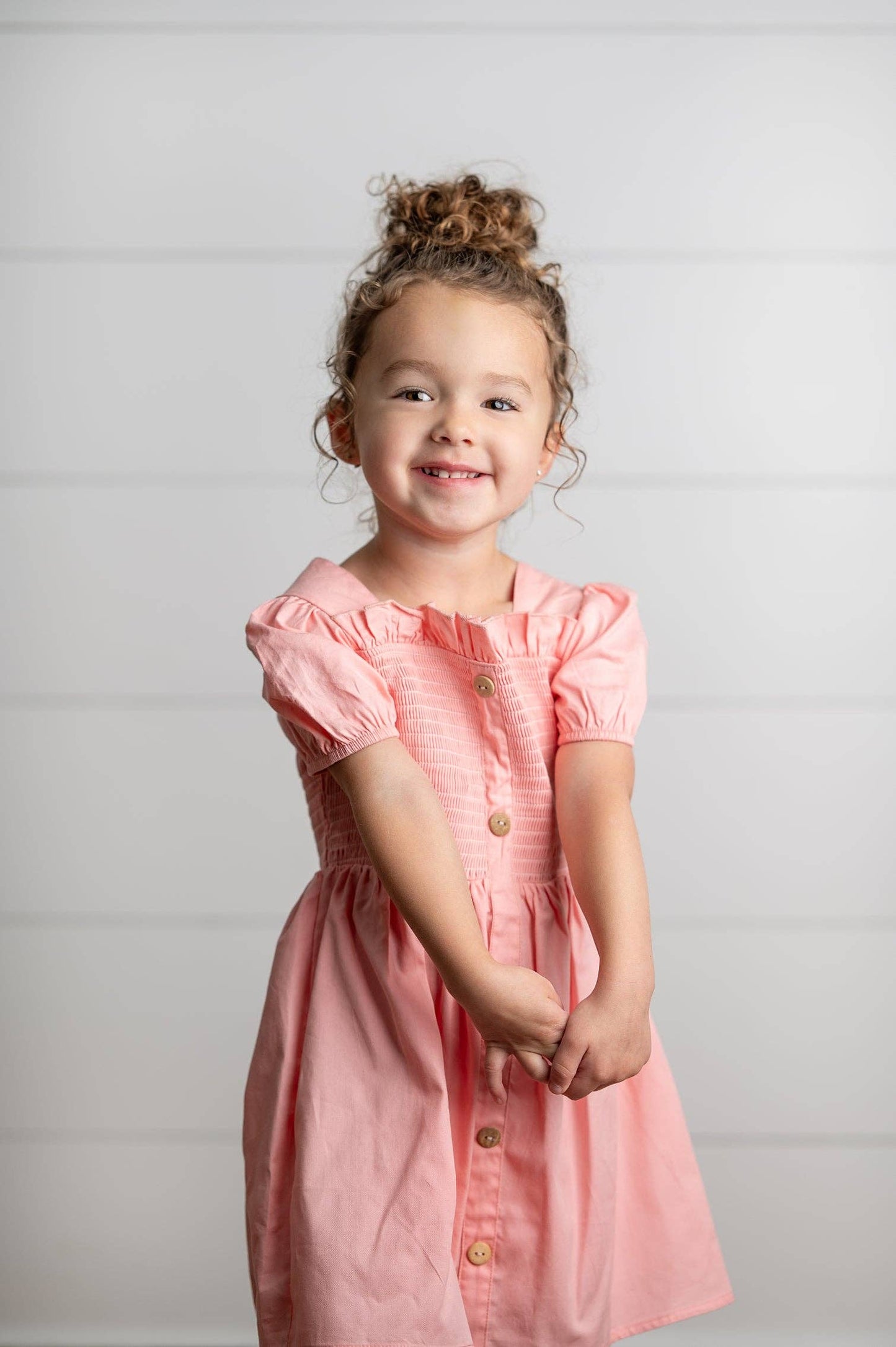 Wren & James - Girls Blush Pink Shirred Puff Sleeve Spring Easter Dress