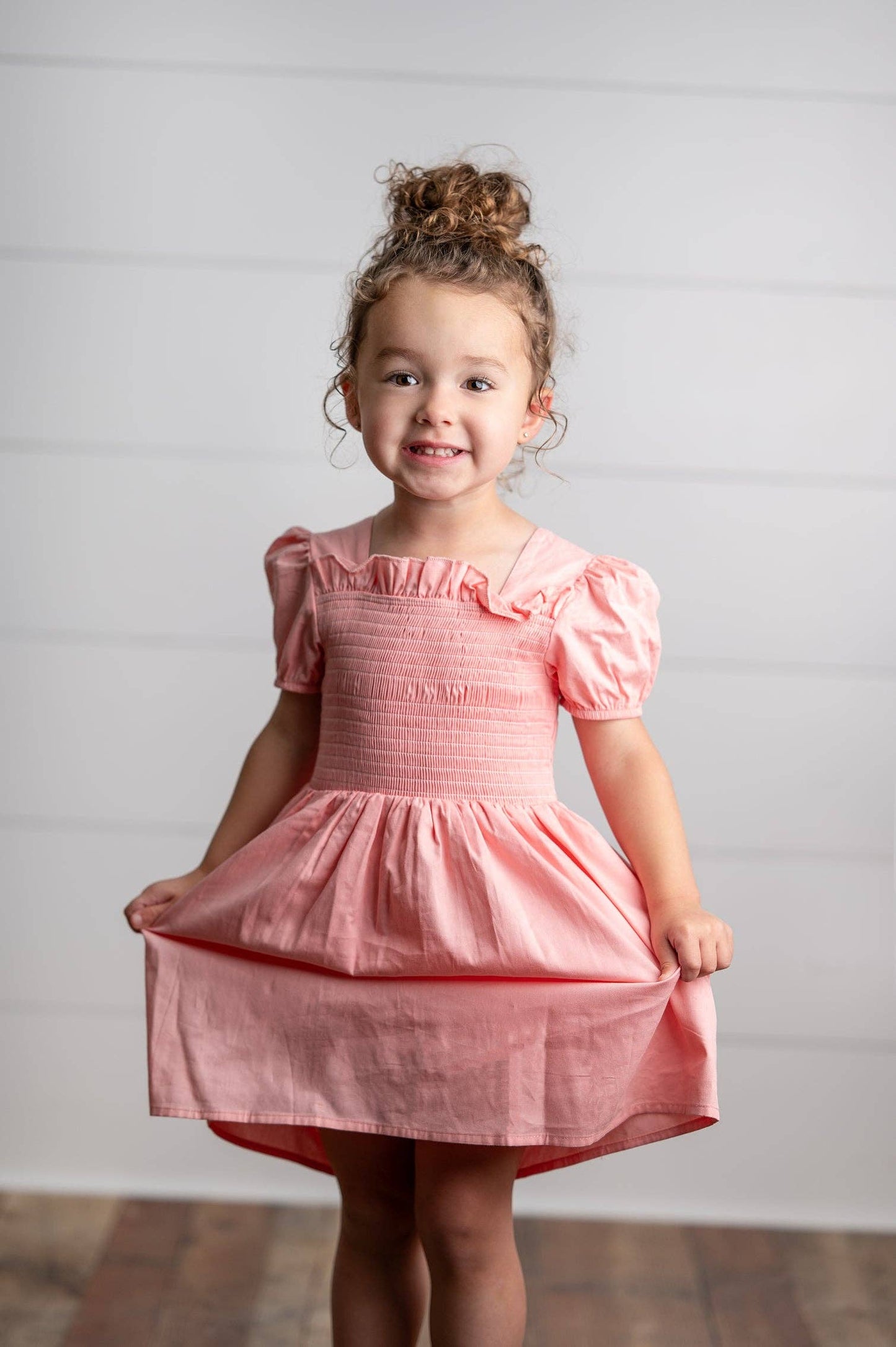 Wren & James - Girls Blush Pink Shirred Puff Sleeve Spring Easter Dress