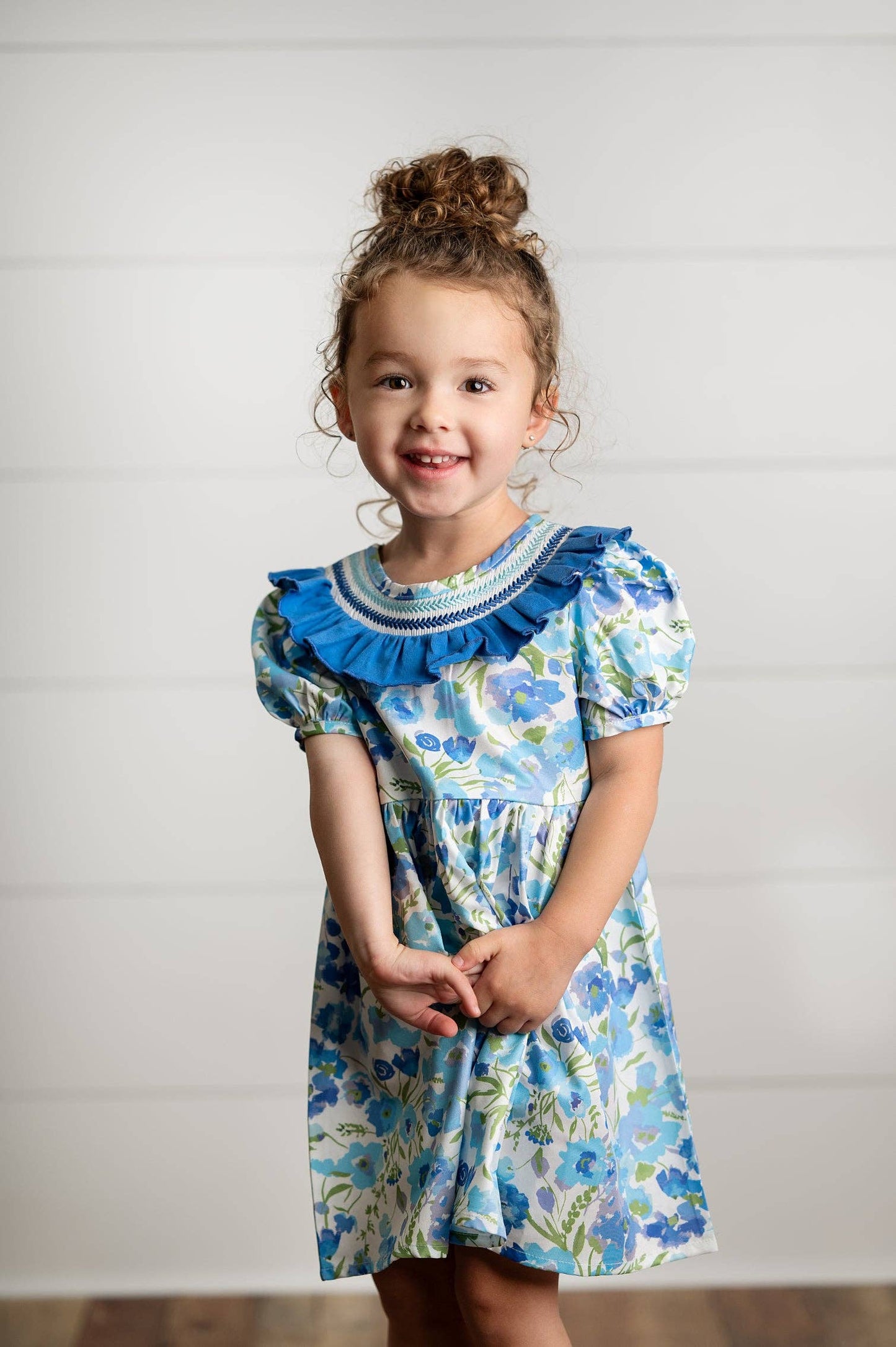 Wren & James - Girls Blue Vintage Floral Embroidered Ruffle Dress