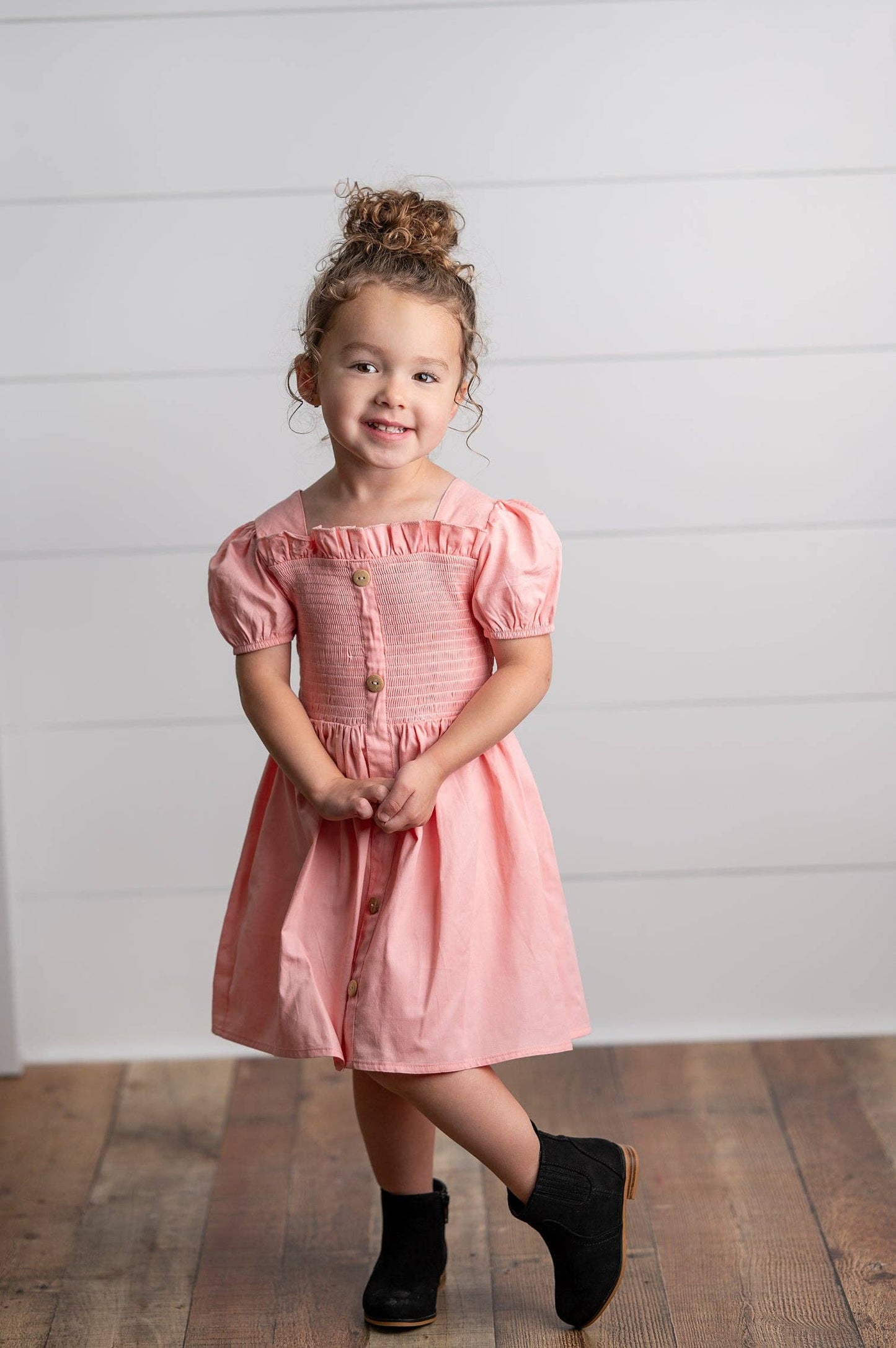 Wren & James - Girls Blush Pink Shirred Puff Sleeve Spring Easter Dress