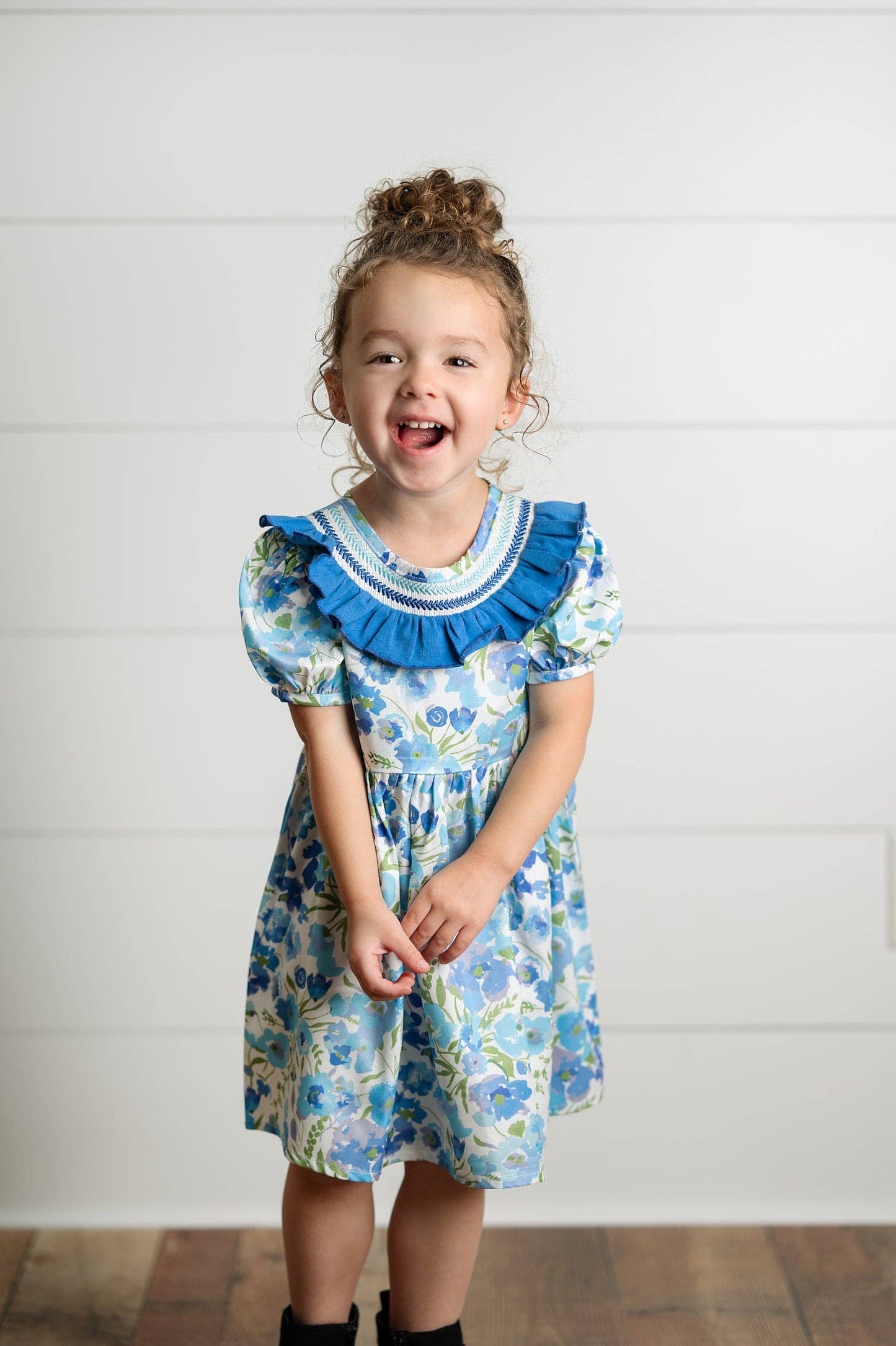 Wren & James - Girls Blue Vintage Floral Embroidered Ruffle Dress