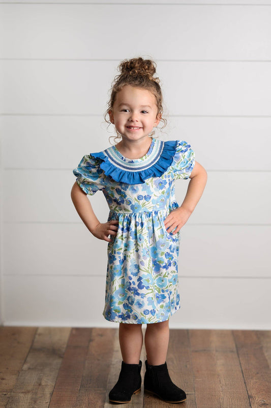 Wren & James - Girls Blue Vintage Floral Embroidered Ruffle Dress
