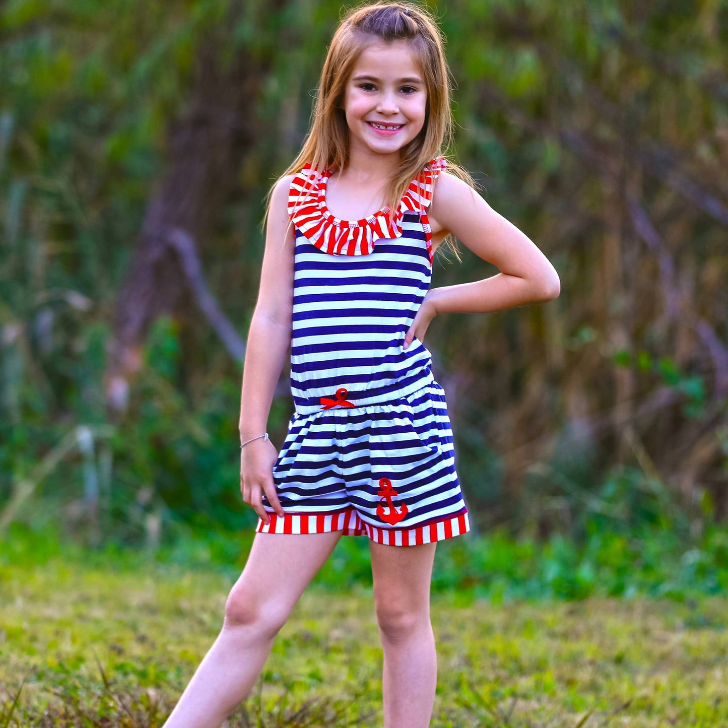 Ann Loren Girls Jumpsuit Nautical Anchor Shorts Romper