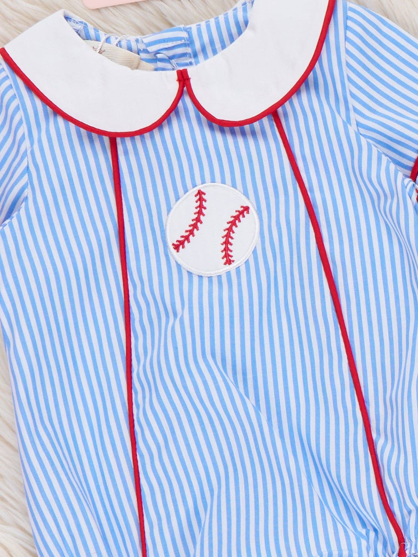 Marie Nicole Clothing - Dugout Ball Striped Embroidered 100% Cotton Bubble Romper