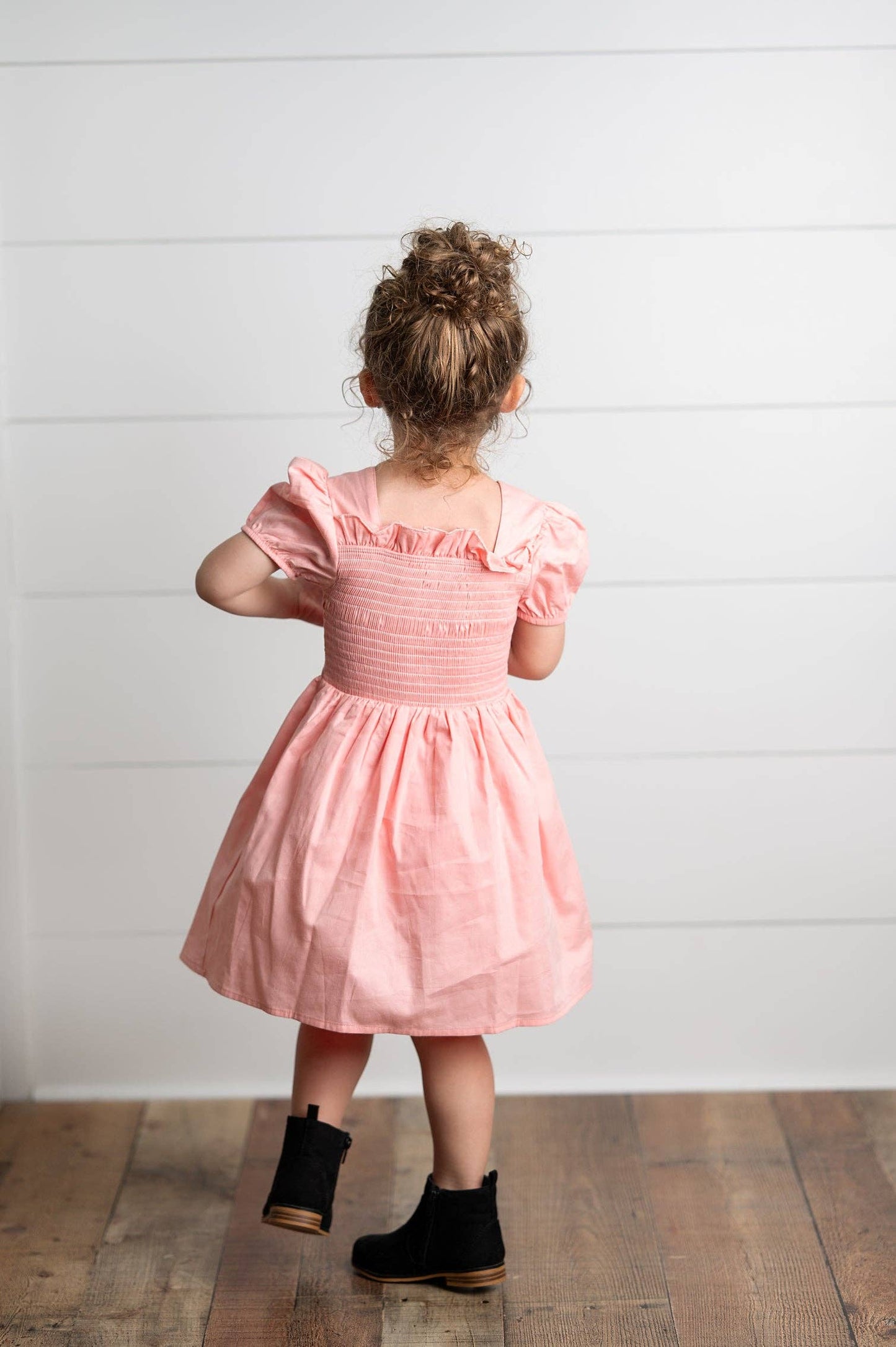 Wren & James - Girls Blush Pink Shirred Puff Sleeve Spring Easter Dress