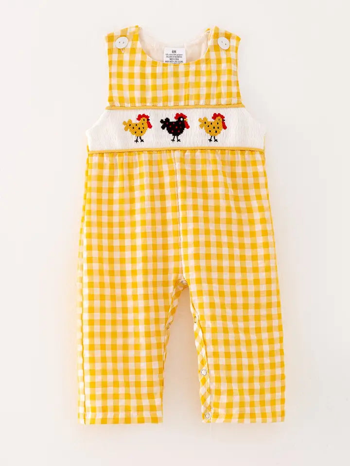 Boys Chicken Plaid Woven Smocking Embroidered Romper