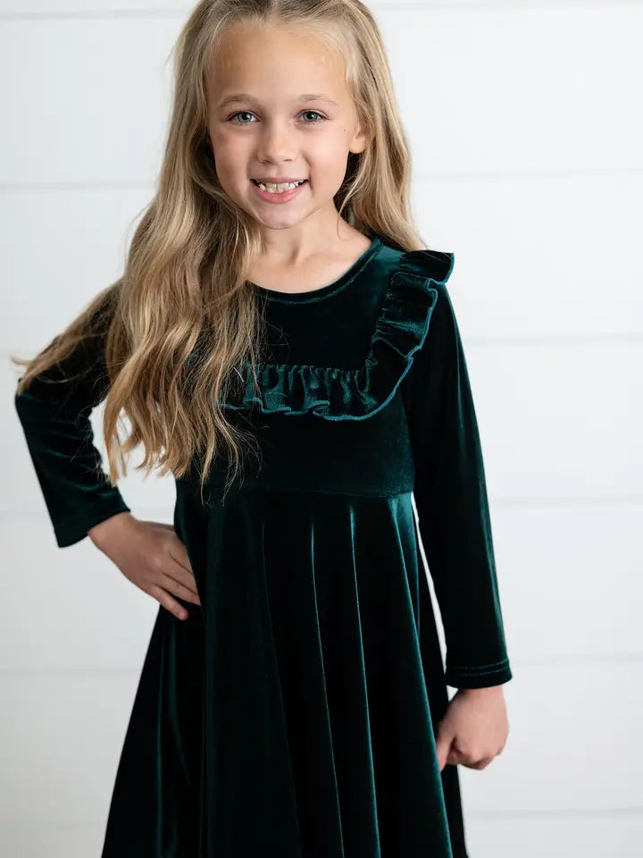 Kids Velvet Ruffle Fancy Winter Girls Christmas Holiday Dress Multiple colors