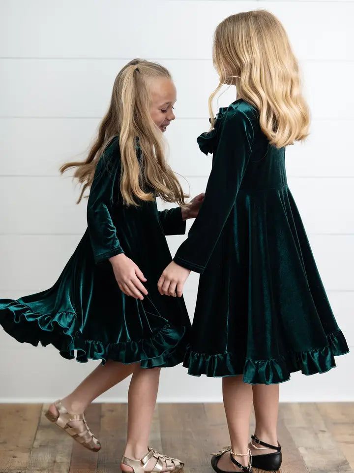 Kids Velvet Ruffle Fancy Winter Girls Christmas Holiday Dress Multiple colors