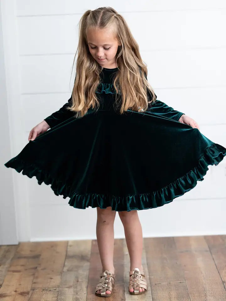 Kids Velvet Ruffle Fancy Winter Girls Christmas Holiday Dress Multiple colors