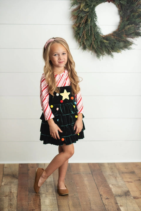 Kids Candy Cane & Velvet Christmas Tree Holiday Dress Set Girls