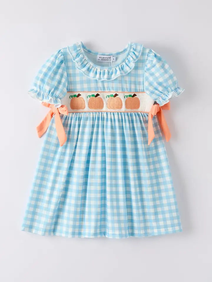 Girls Fall Pumpkin Blue Plaid Dress Matching Thanksgiving