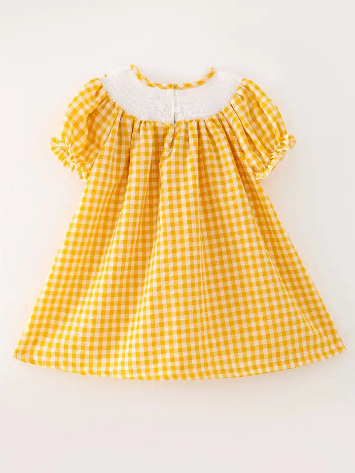 Chicken Smocking Embroidered Yellow Plaid Girls Dress