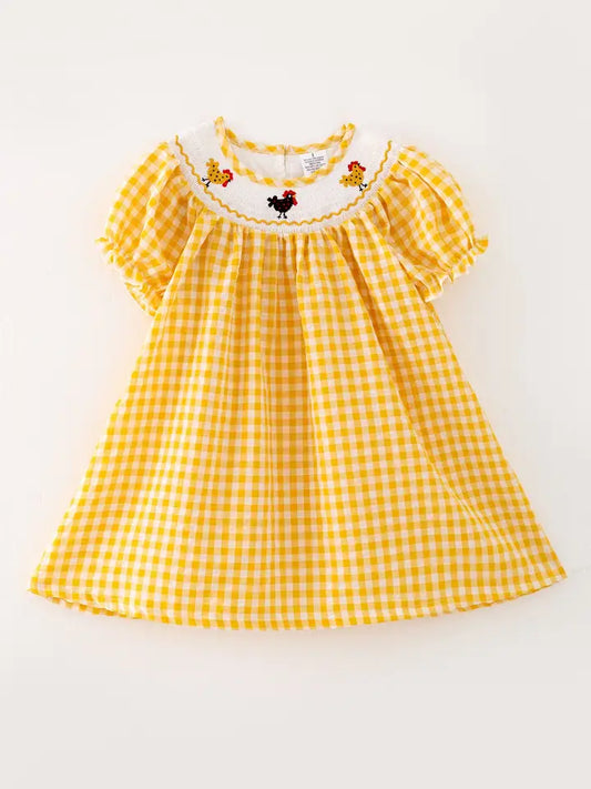 Chicken Smocking Embroidered Yellow Plaid Girls Dress