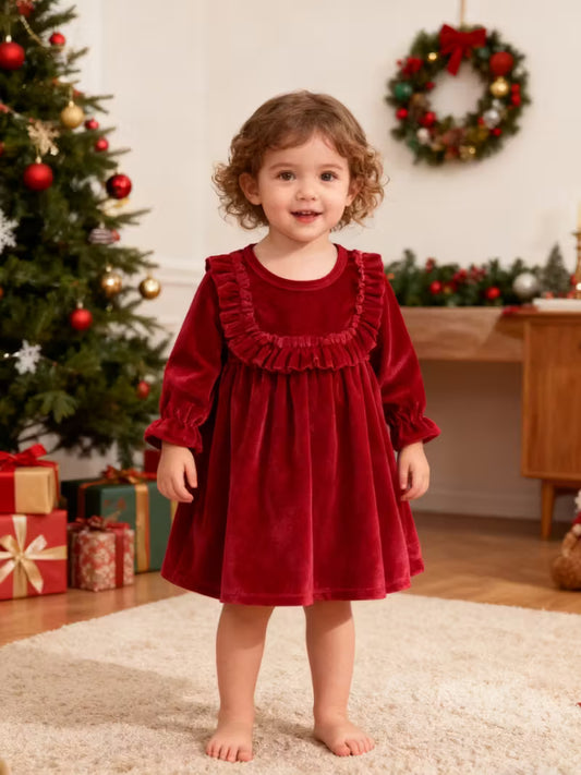 Baby girls Puff sleeves Velvet holiday A-line dress
