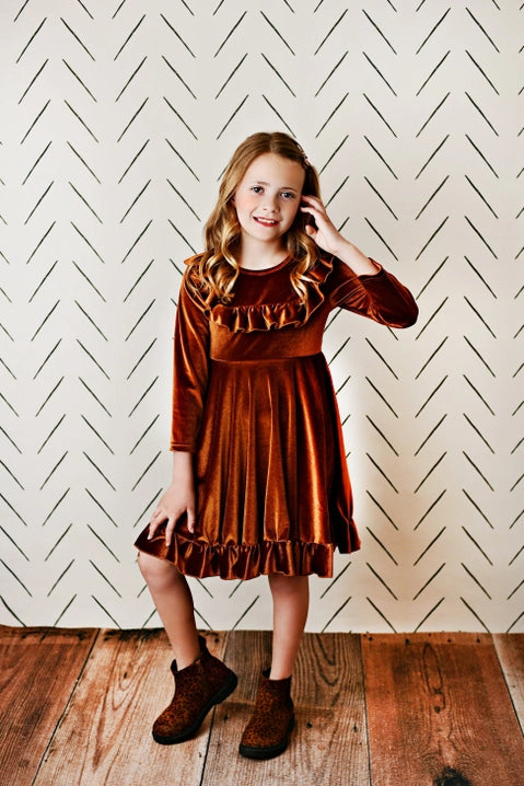 Kids Velvet Ruffle Fancy Winter Girls Christmas Holiday Dress Multiple colors