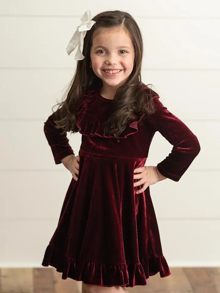 Kids Velvet Ruffle Fancy Winter Girls Christmas Holiday Dress Multiple colors