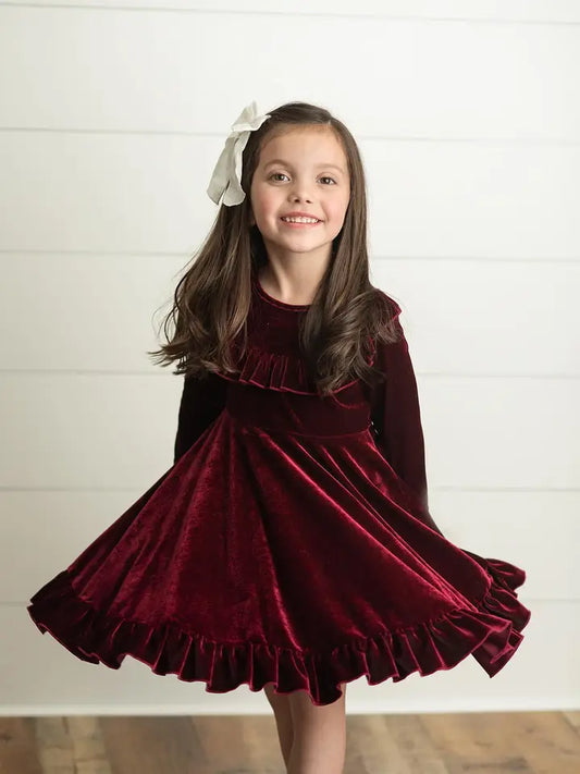 Kids Velvet Ruffle Fancy Winter Girls Christmas Holiday Dress Multiple colors