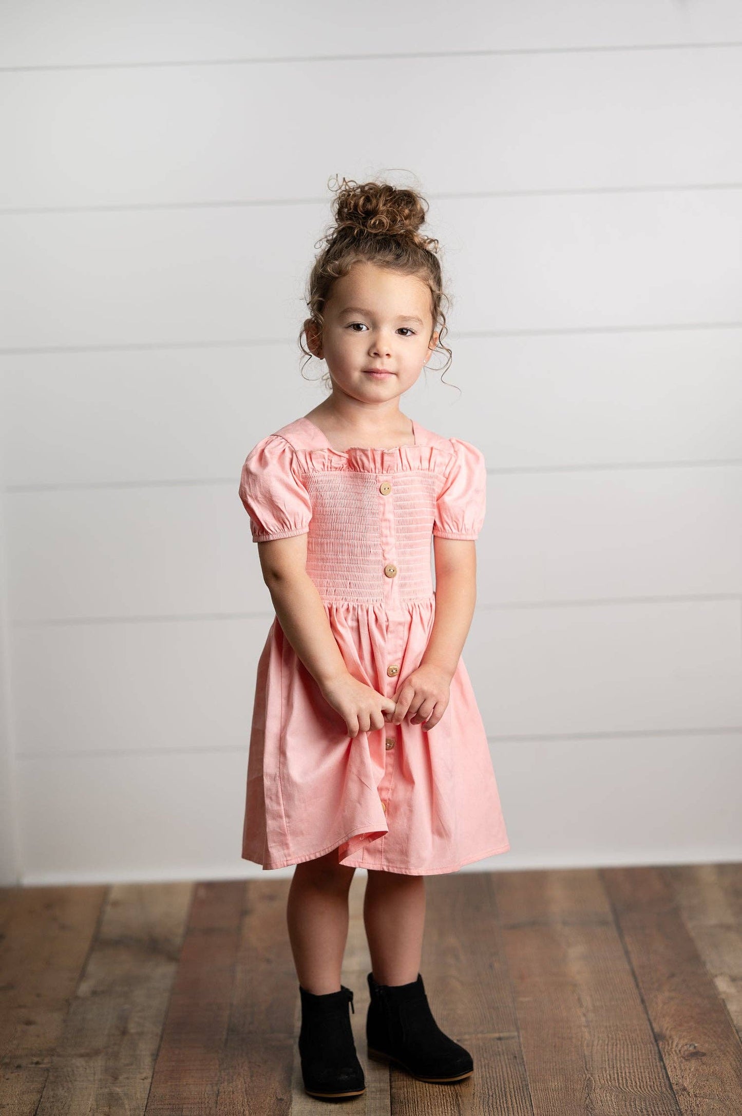 Wren & James - Girls Blush Pink Shirred Puff Sleeve Spring Easter Dress
