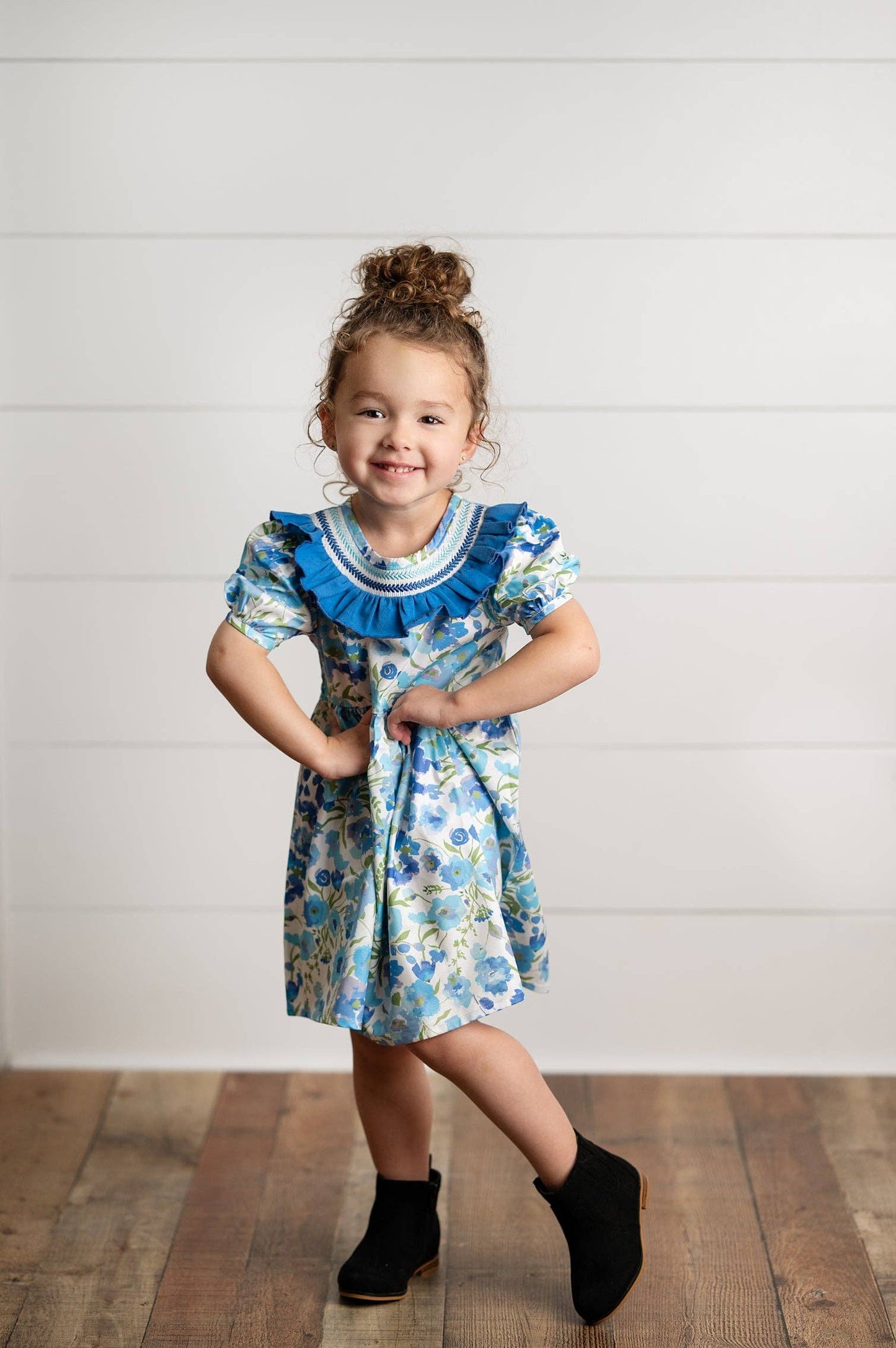 Wren & James - Girls Blue Vintage Floral Embroidered Ruffle Dress