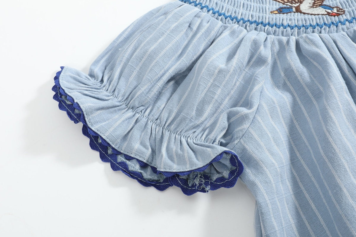 Blue Pinstripe Mallard Duck Smocked Bishop Dress