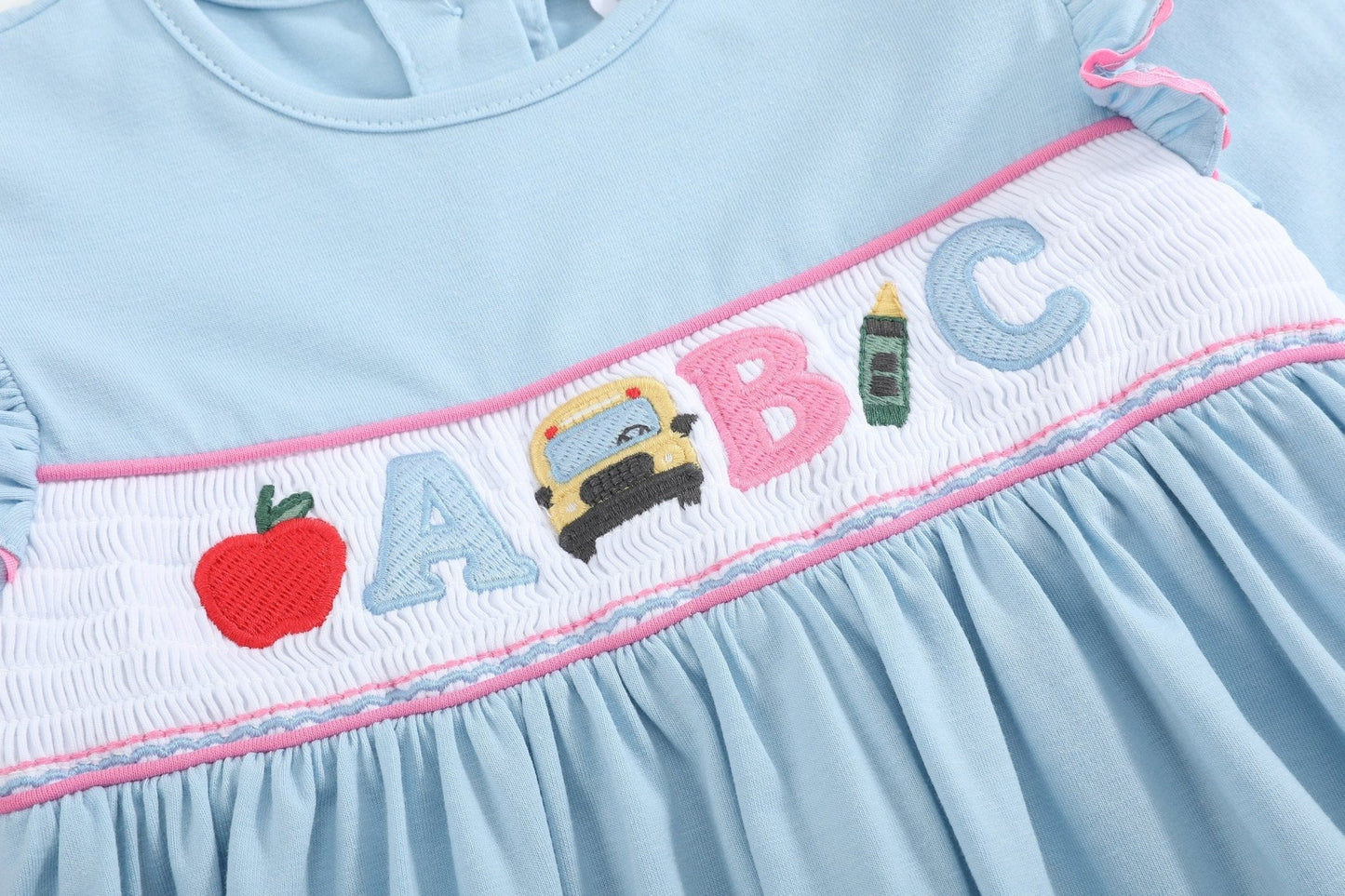 Blue Smocked Knit ABC School Dress