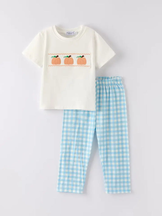 Boys and Toddlers Fall Pumpkin Blue Plaid Set Matching Thanksgiving