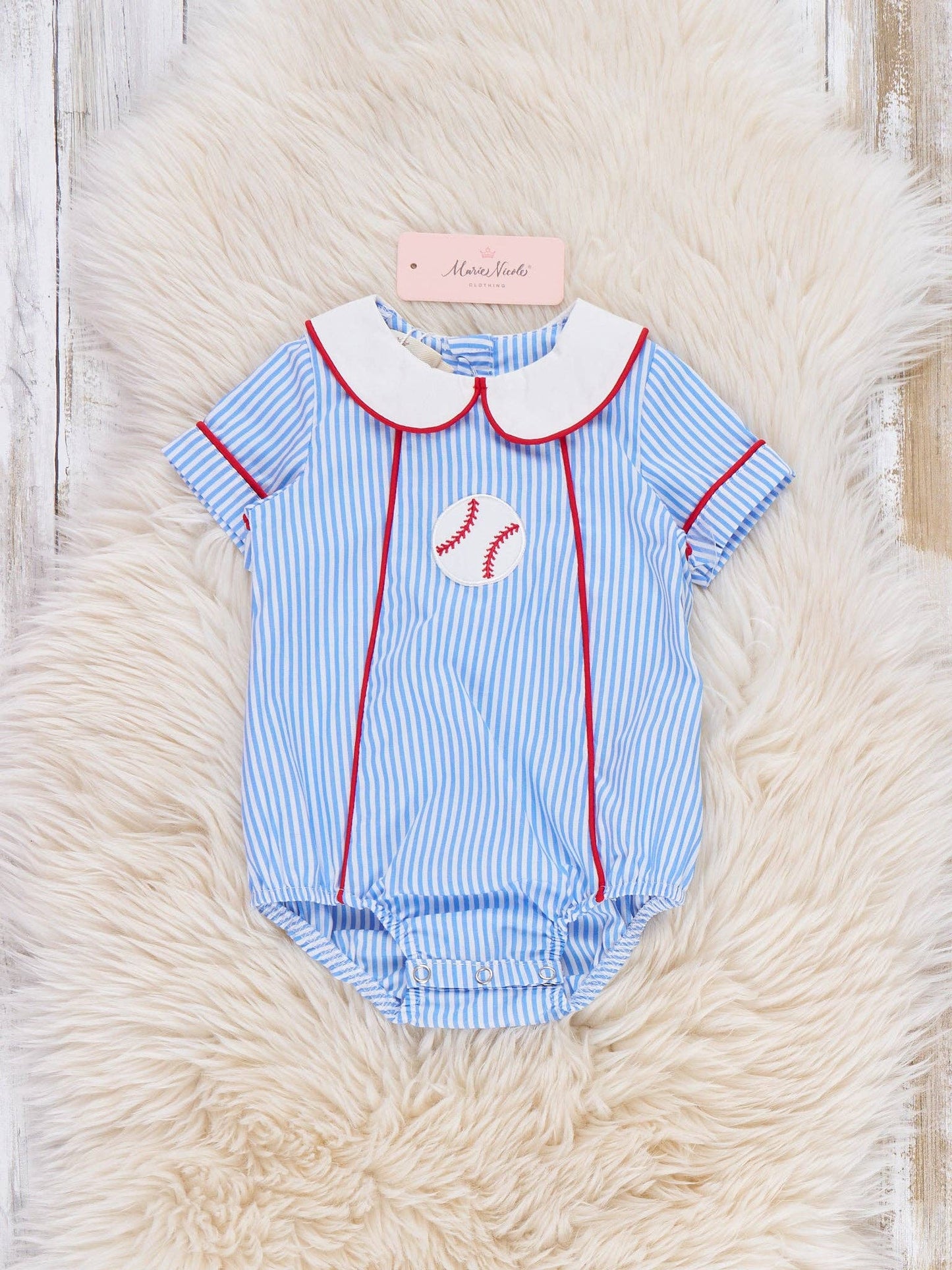 Marie Nicole Clothing - Dugout Ball Striped Embroidered 100% Cotton Bubble Romper