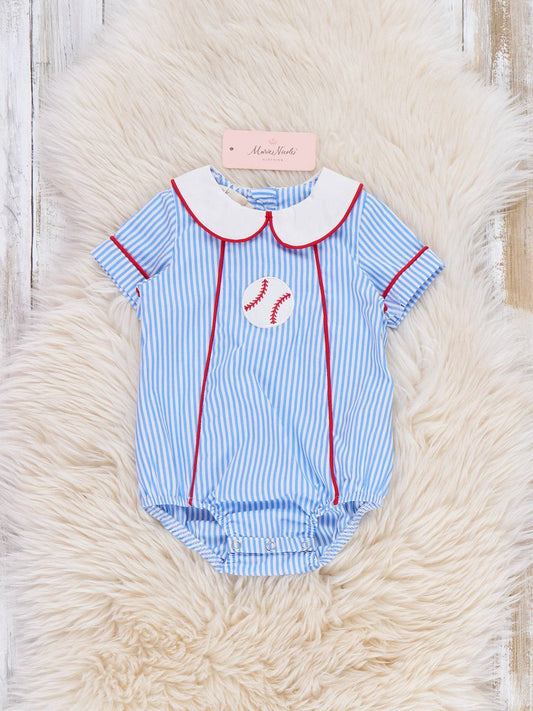 Marie Nicole Clothing - Dugout Ball Striped Embroidered 100% Cotton Bubble Romper