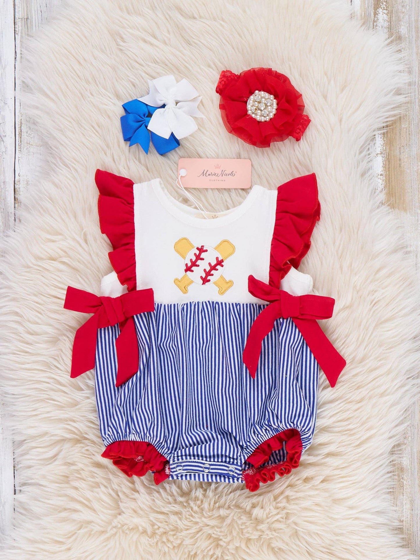 Marie Nicole Clothing - Dugout Cutie Baseball Embroidered Cotton Bubble Romper