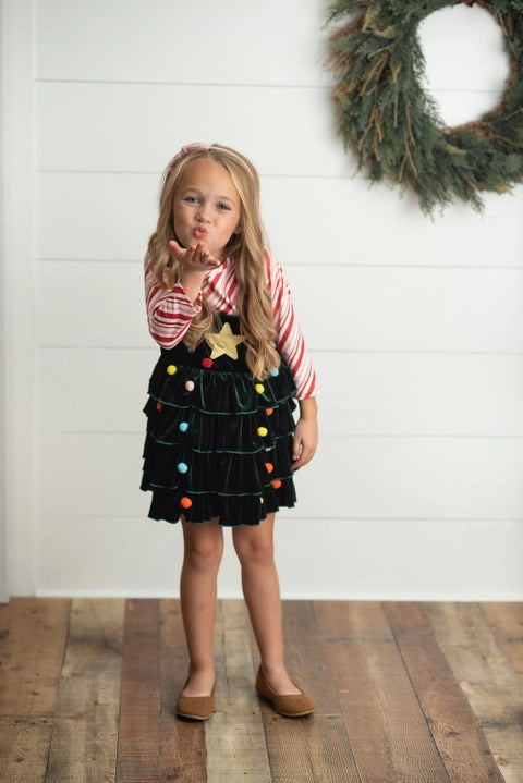 Kids Candy Cane & Velvet Christmas Tree Holiday Dress Set Girls