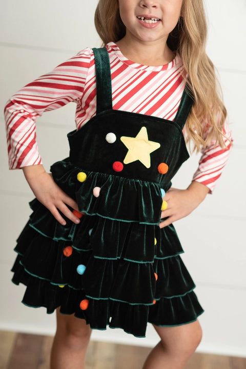 Kids Candy Cane & Velvet Christmas Tree Holiday Dress Set Girls