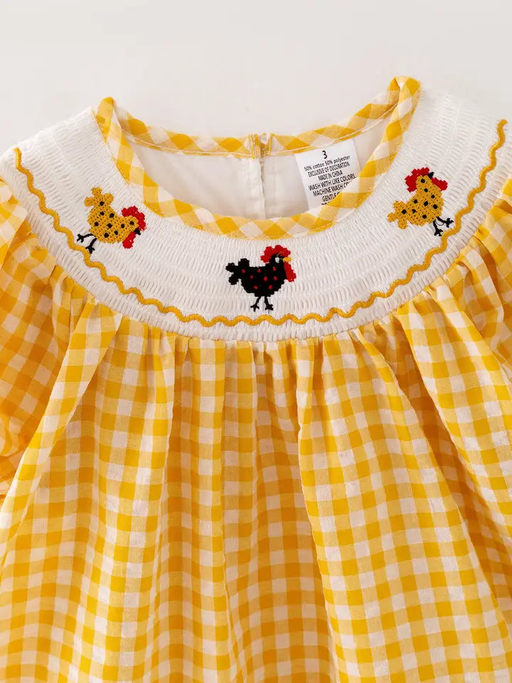 Chicken Smocking Embroidered Yellow Plaid Girls Dress