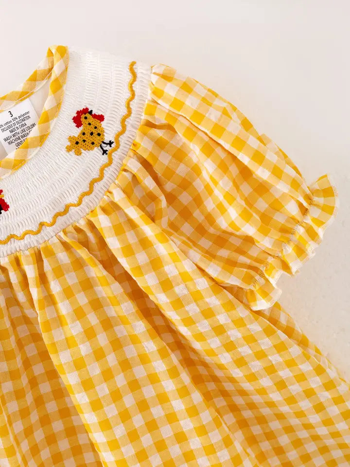 Chicken Smocking Embroidered Yellow Plaid Girls Dress