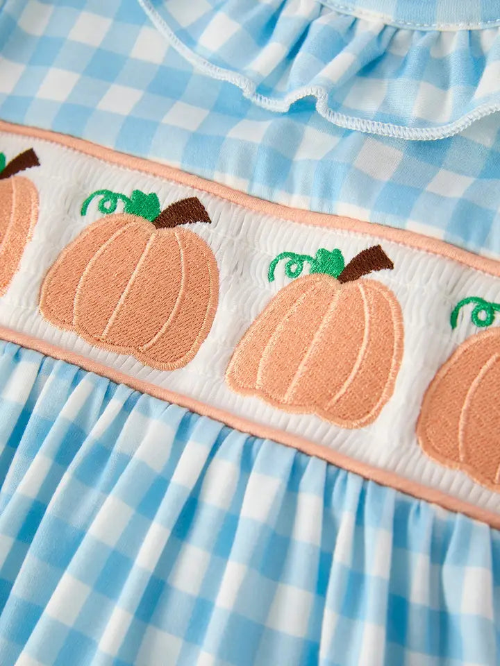 Girls Fall Pumpkin Blue Plaid Dress Matching Thanksgiving