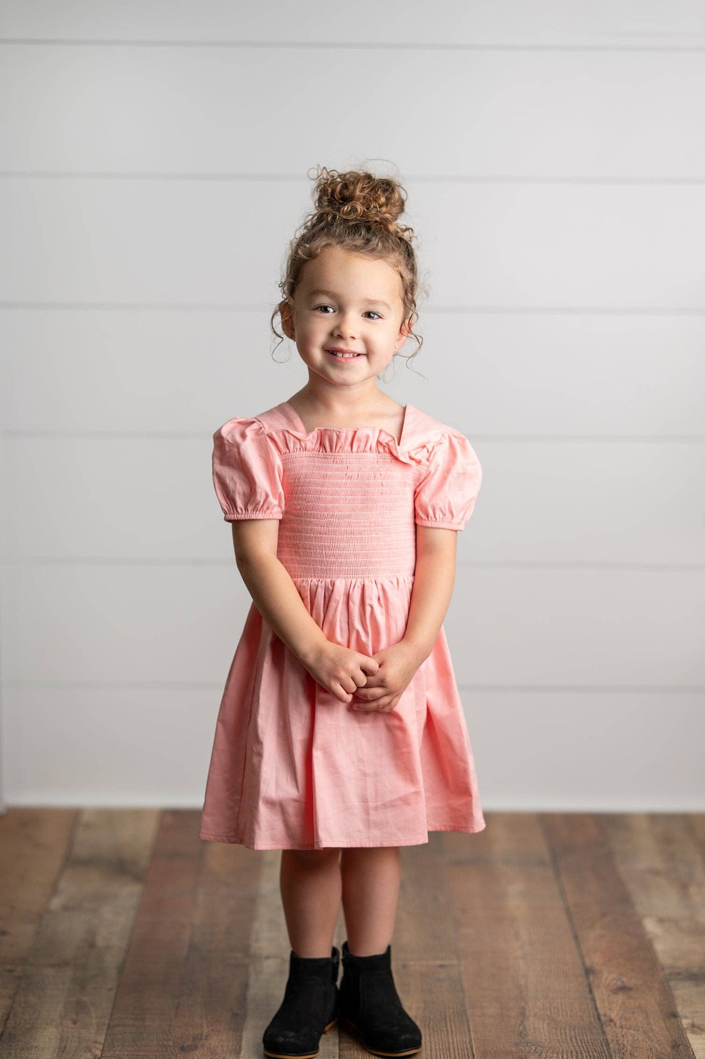 Wren & James - Girls Blush Pink Shirred Puff Sleeve Spring Easter Dress