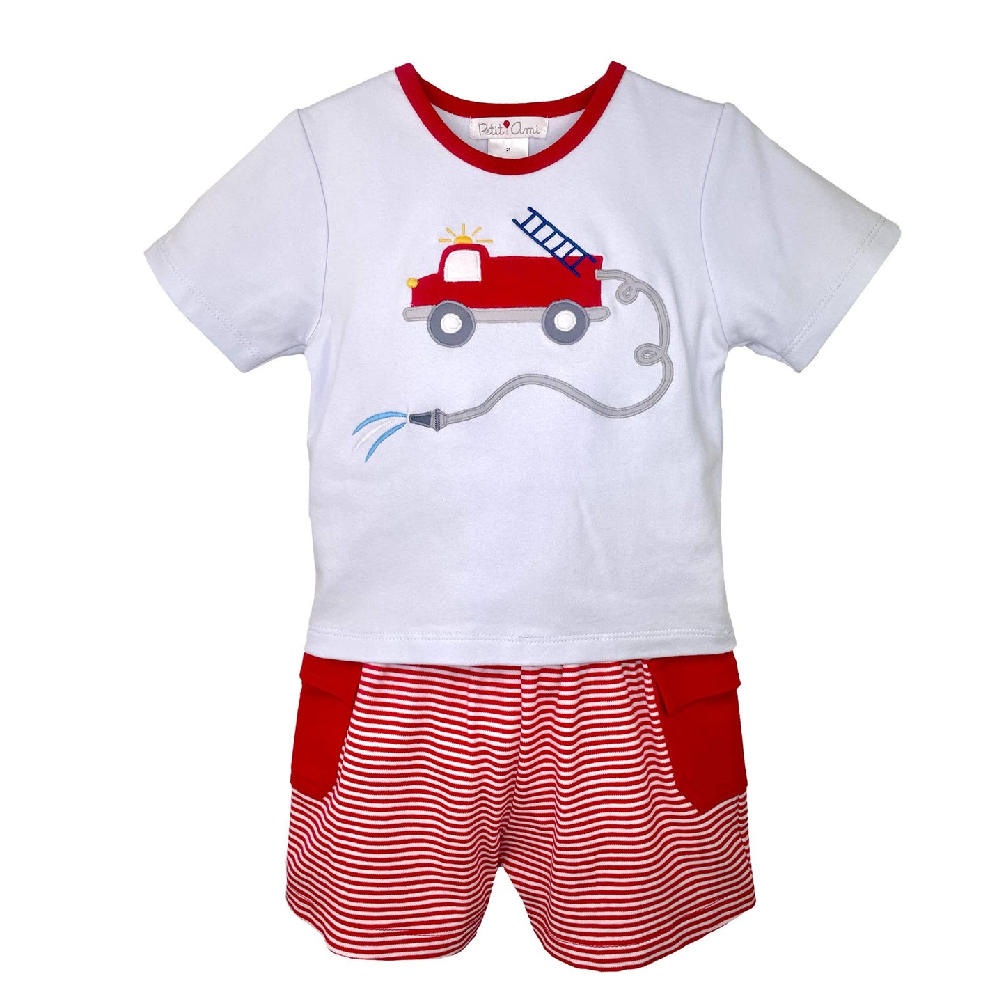 Petit Ami & Zubels - Fire Truck Applique Knit Shirt & Shorts Set