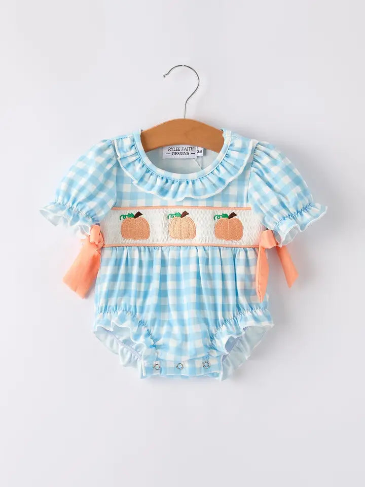 Infant Fall Pumpkin Blue Plain Smocked Romper Matching Thanksgiving