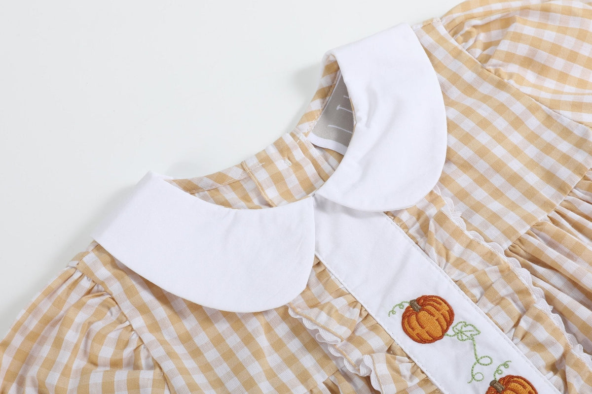 Light Brown Gingham Pumpkin Vine Ruffle Dress
