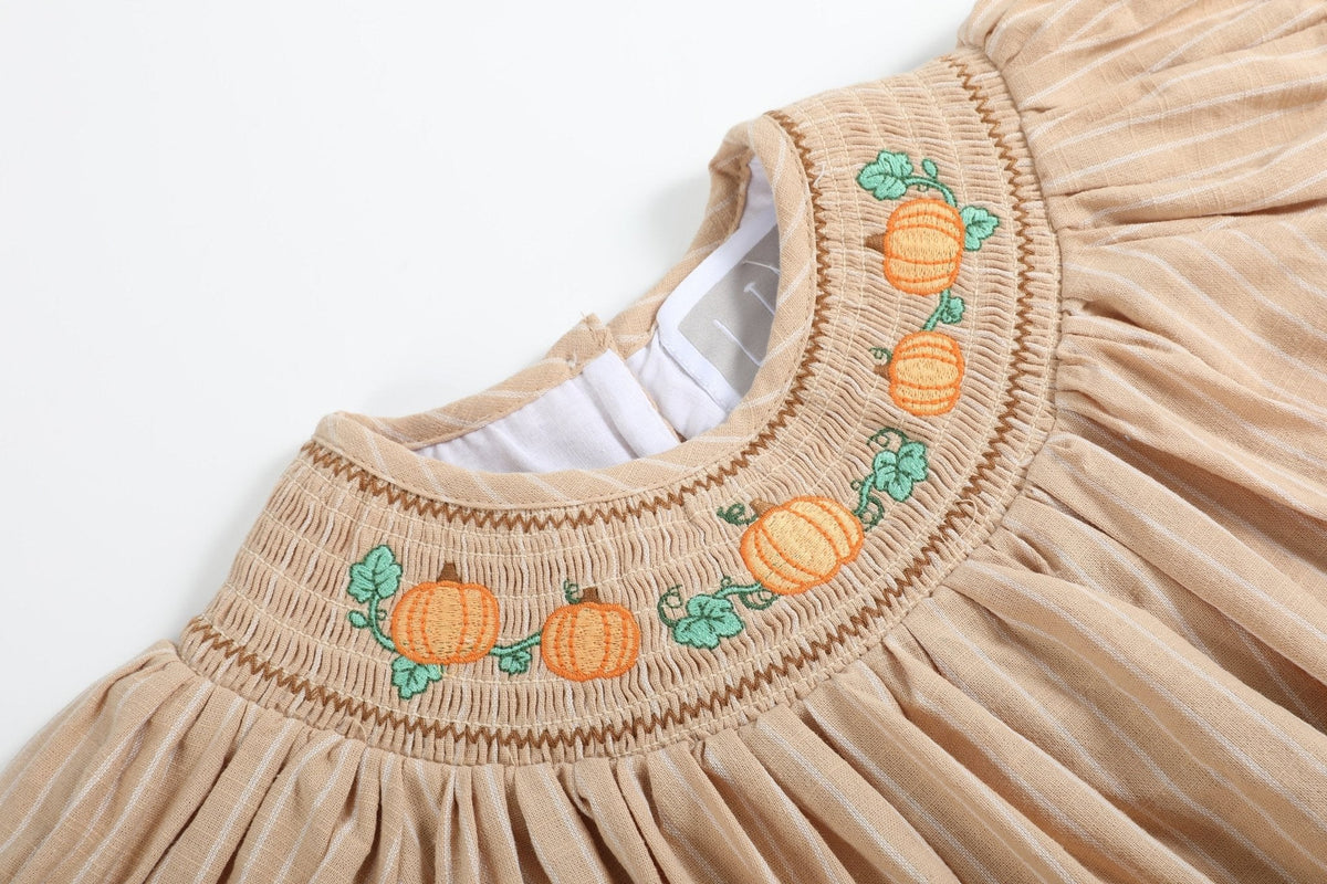 Light Brown Pinstripe Pumpkin Smocked Bishop Dress