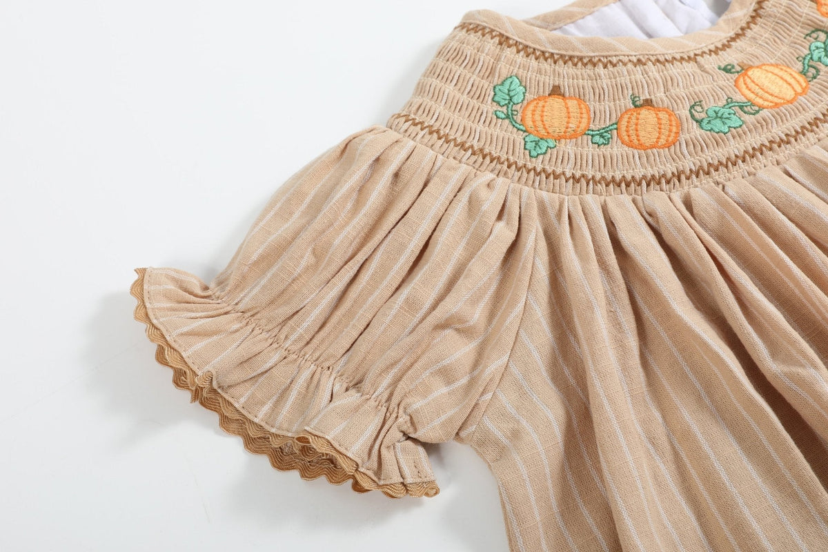 Light Brown Pinstripe Pumpkin Smocked Bishop Dress