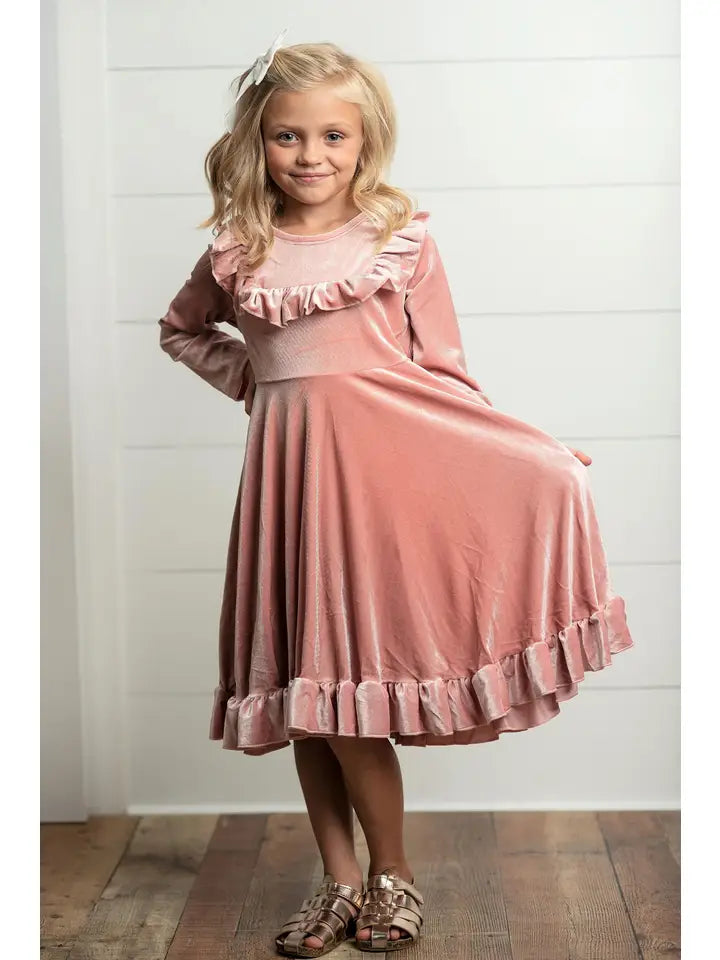 Kids Velvet Ruffle Fancy Winter Girls Christmas Holiday Dress Multiple colors