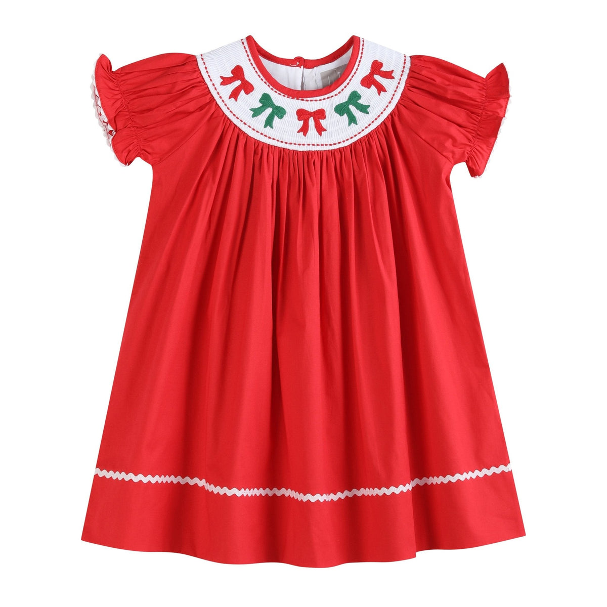 Red Christmas Bows Smocked Bishop Dress